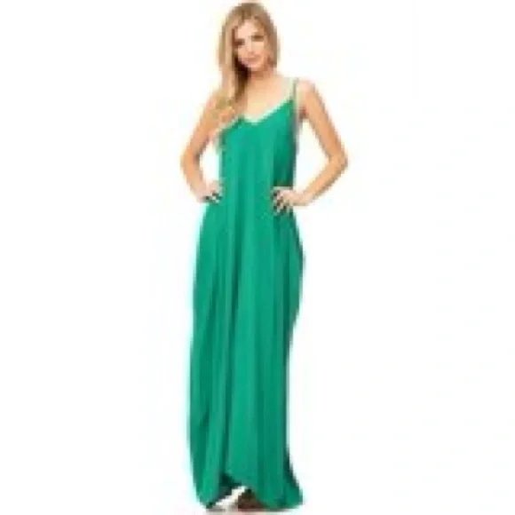 LOVESTITCH Bright Emerald Green Gauze Boho Maxi Dress Pockets M L Adjustable NWT - Picture 2 of 9